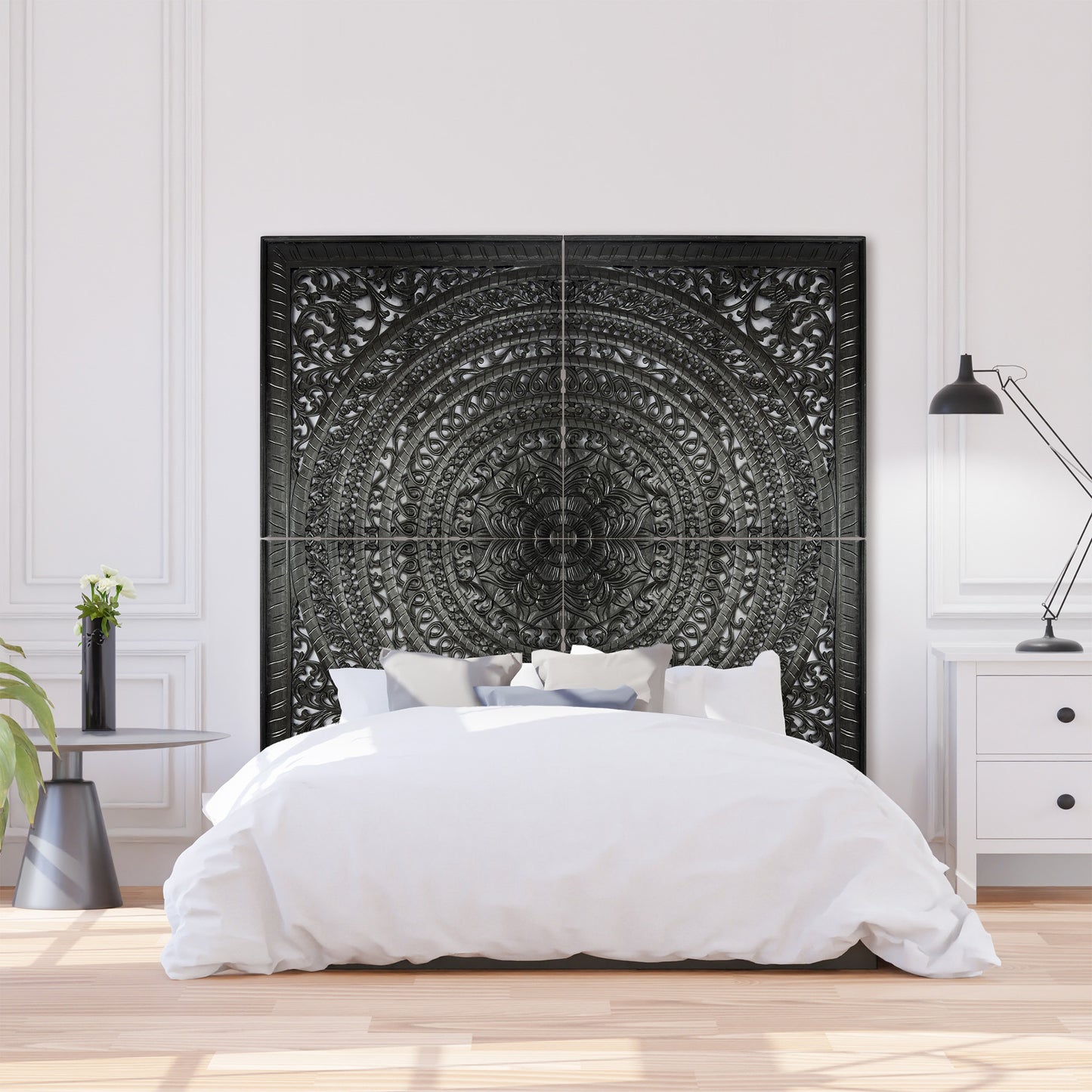 Carved Full Bed Headboard "Kusuma" in Black - USA