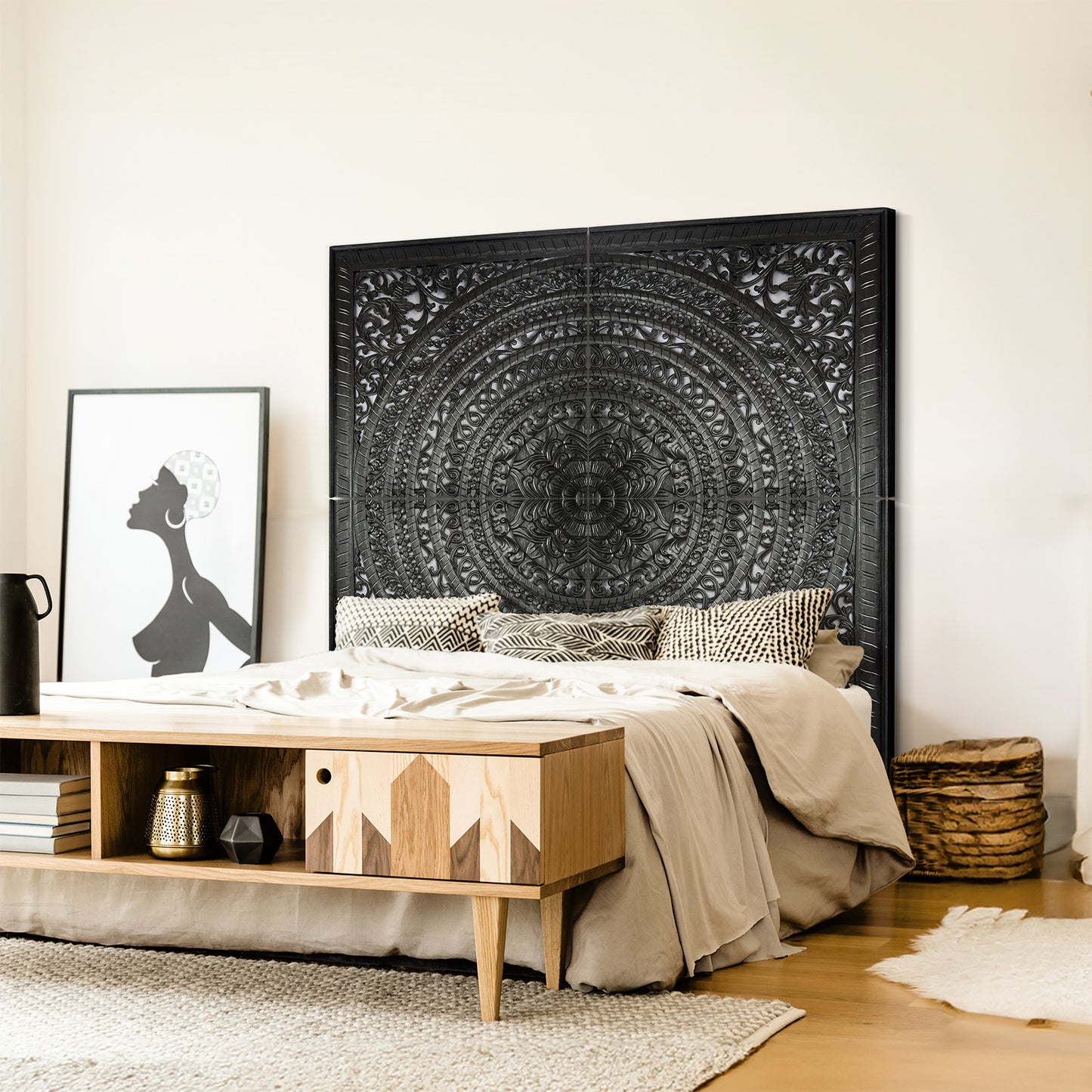 Carved Full Bed Headboard "Kusuma" in Black - USA