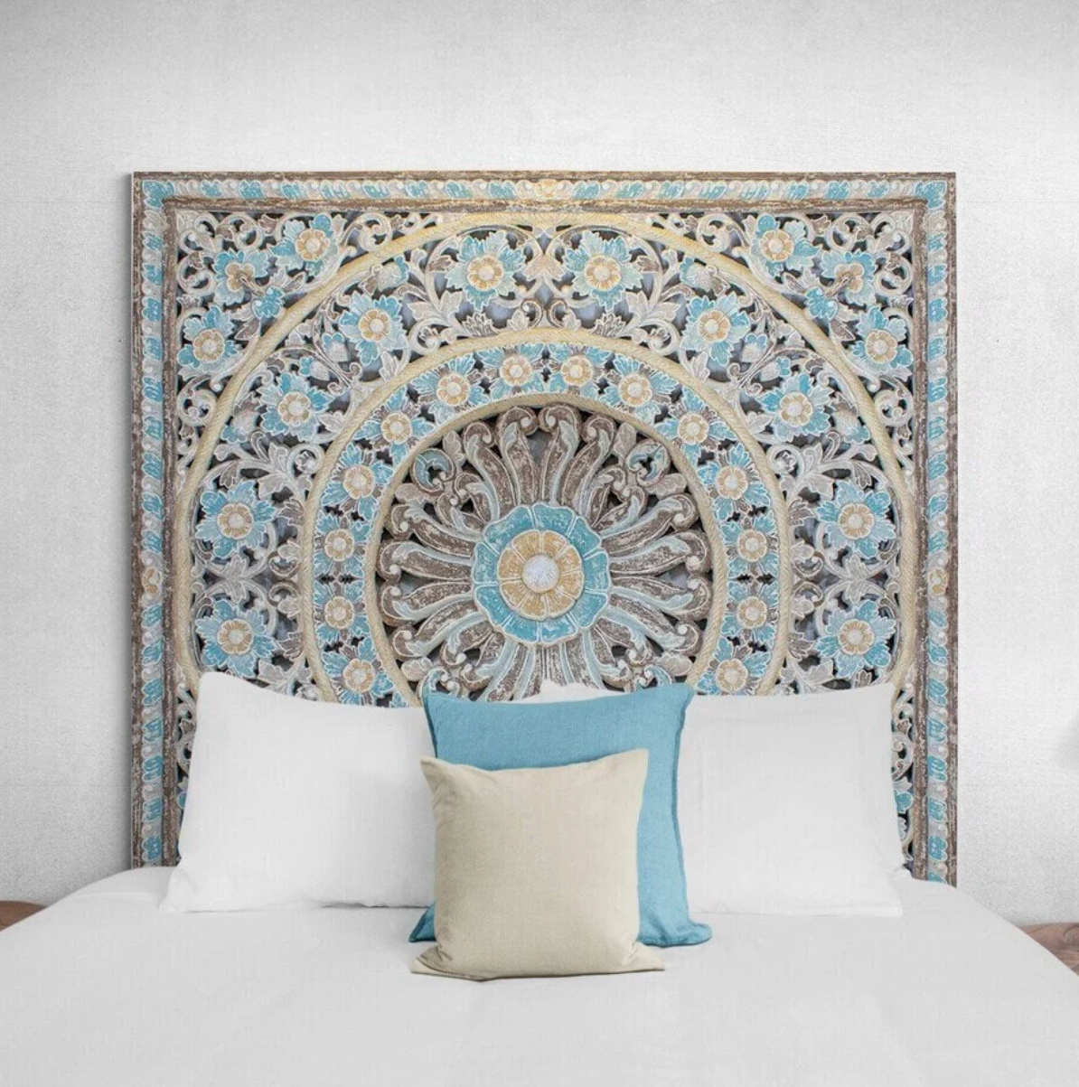 Balinese Carved Mandala Full Bed Headboard Dianna Blue - USA