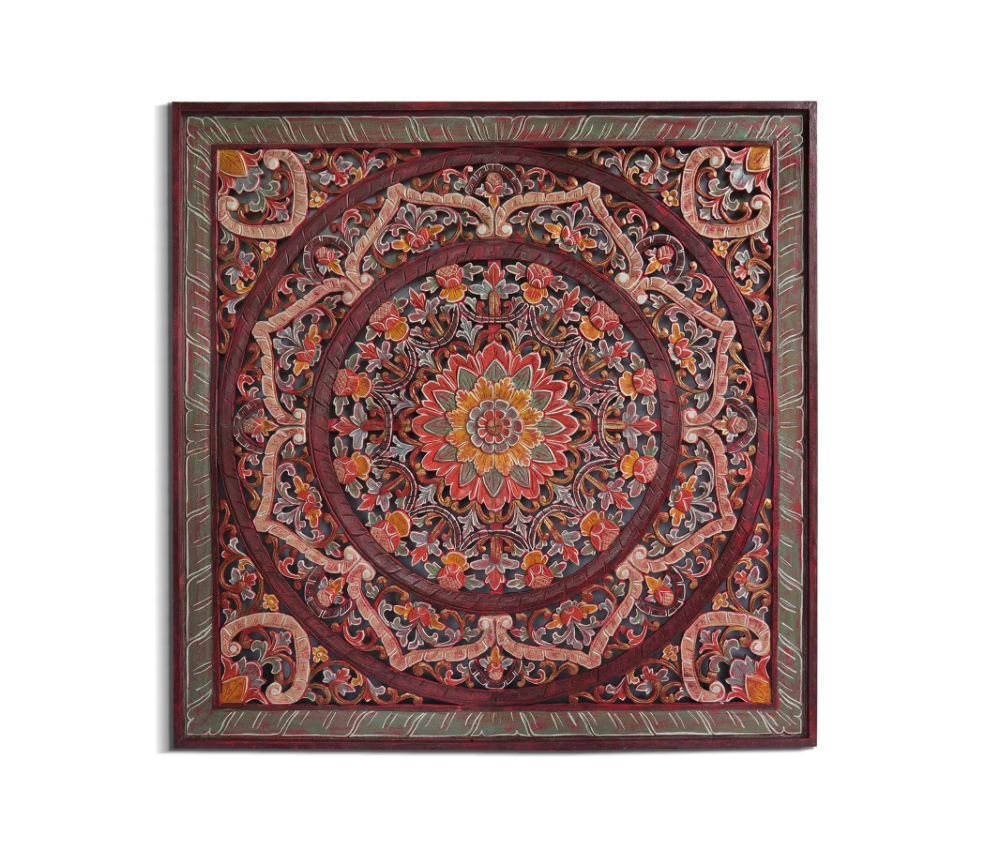 Balinese King Size Carved mandala full bed headboard Manusa in Red - 72 inches - USA