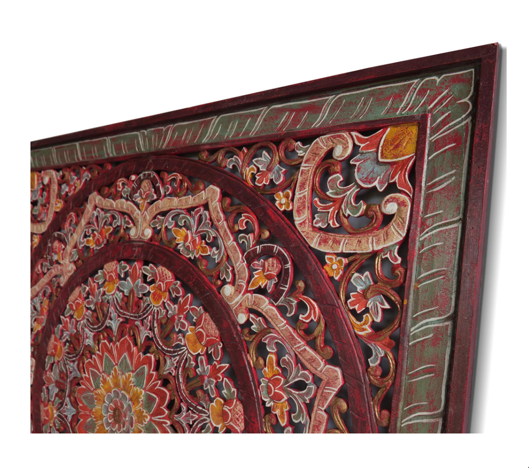 Balinese King Size Carved mandala full bed headboard Manusa in Red - 72 inches - USA