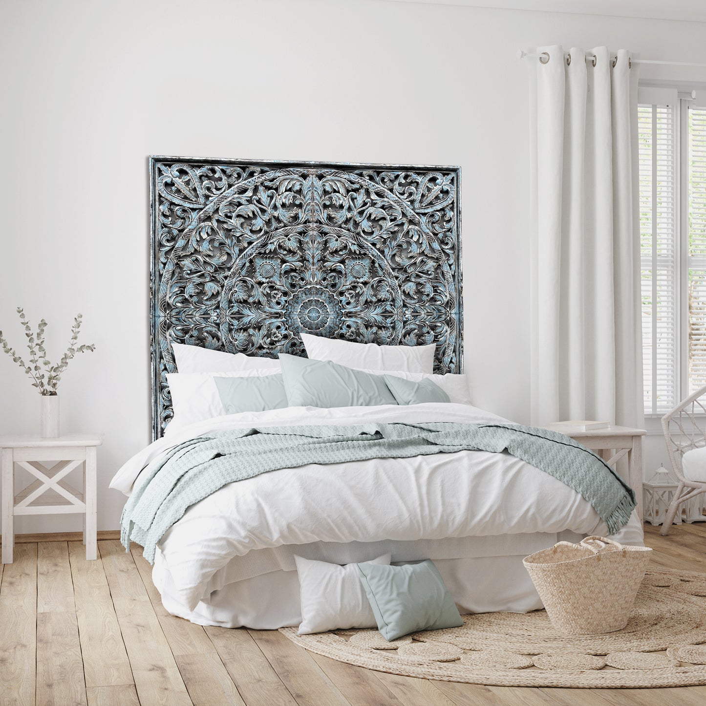 Carved Full Bed Headboard "Dahayu" - Blue Wash - USA