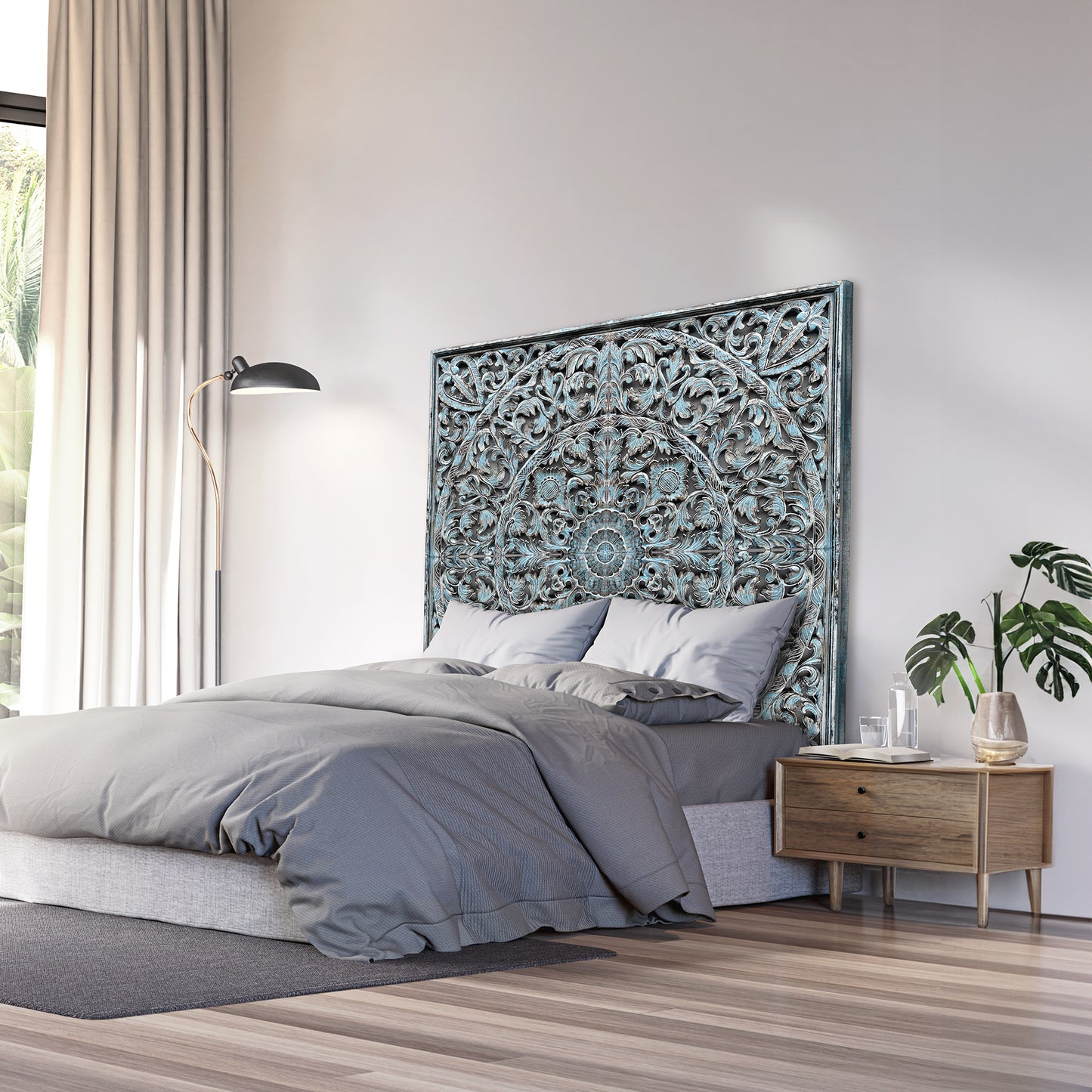 Carved Full Bed Headboard "Dahayu" - Blue Wash - USA