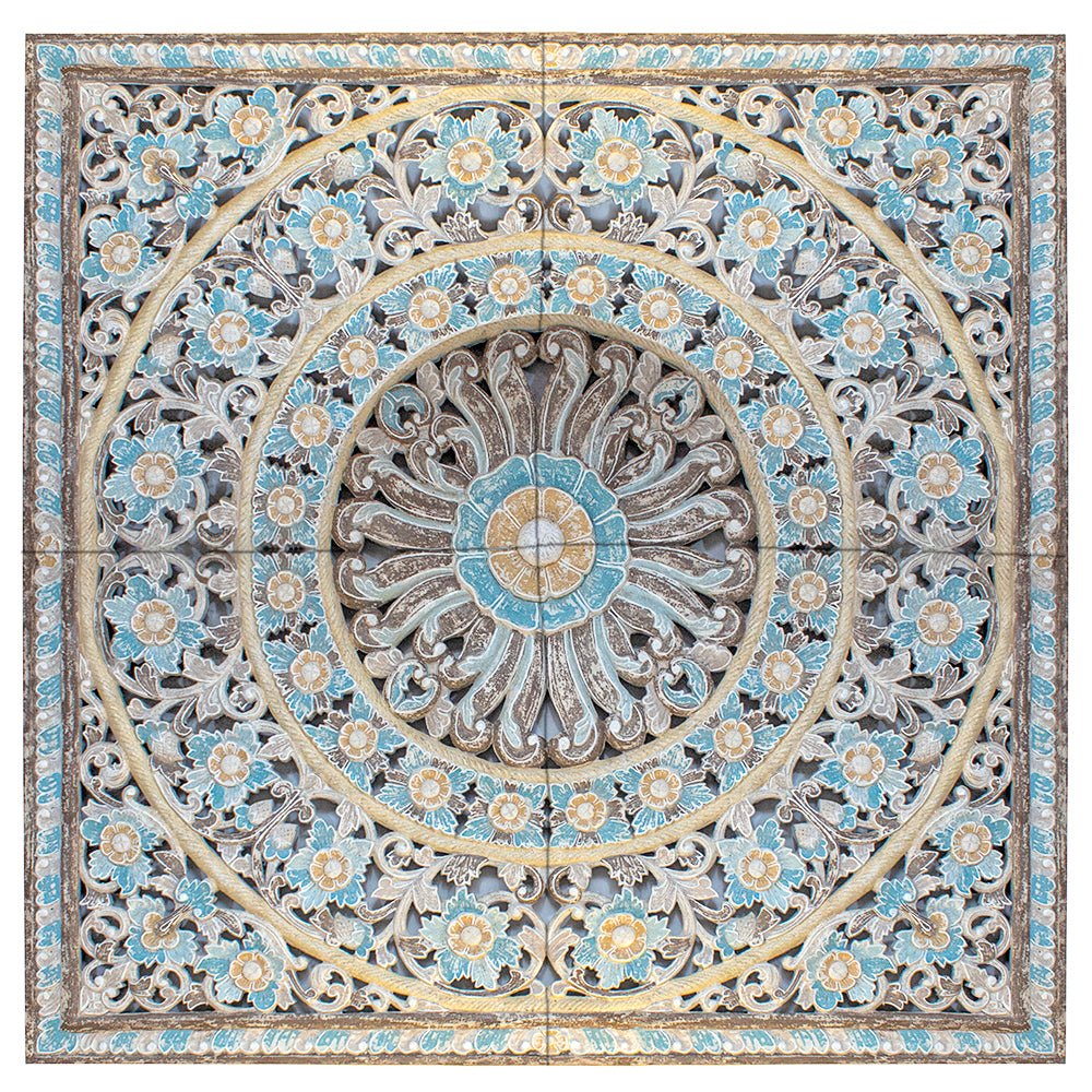 Balinese Carved Mandala Full Bed Headboard Dianna Blue - USA