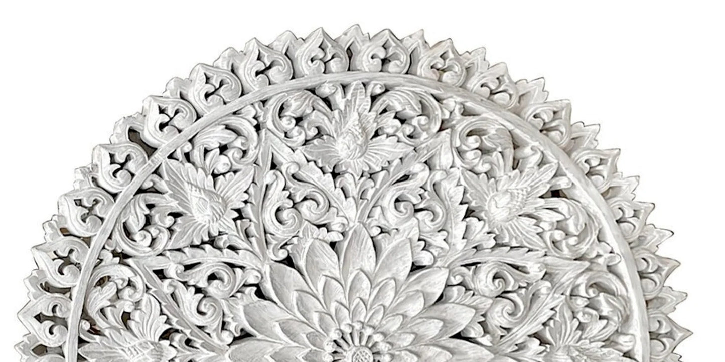 Hand carved Half-moon Mandala Bed headboard 'Serupa' in White wash - EXP