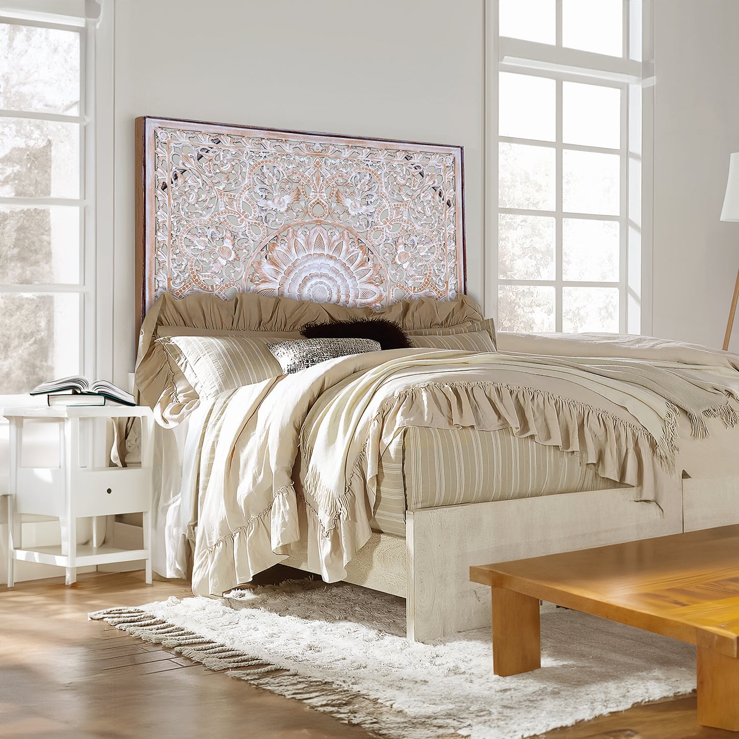 Carved Full Bed Headboard "Raflessia" - Antic-wash- USA