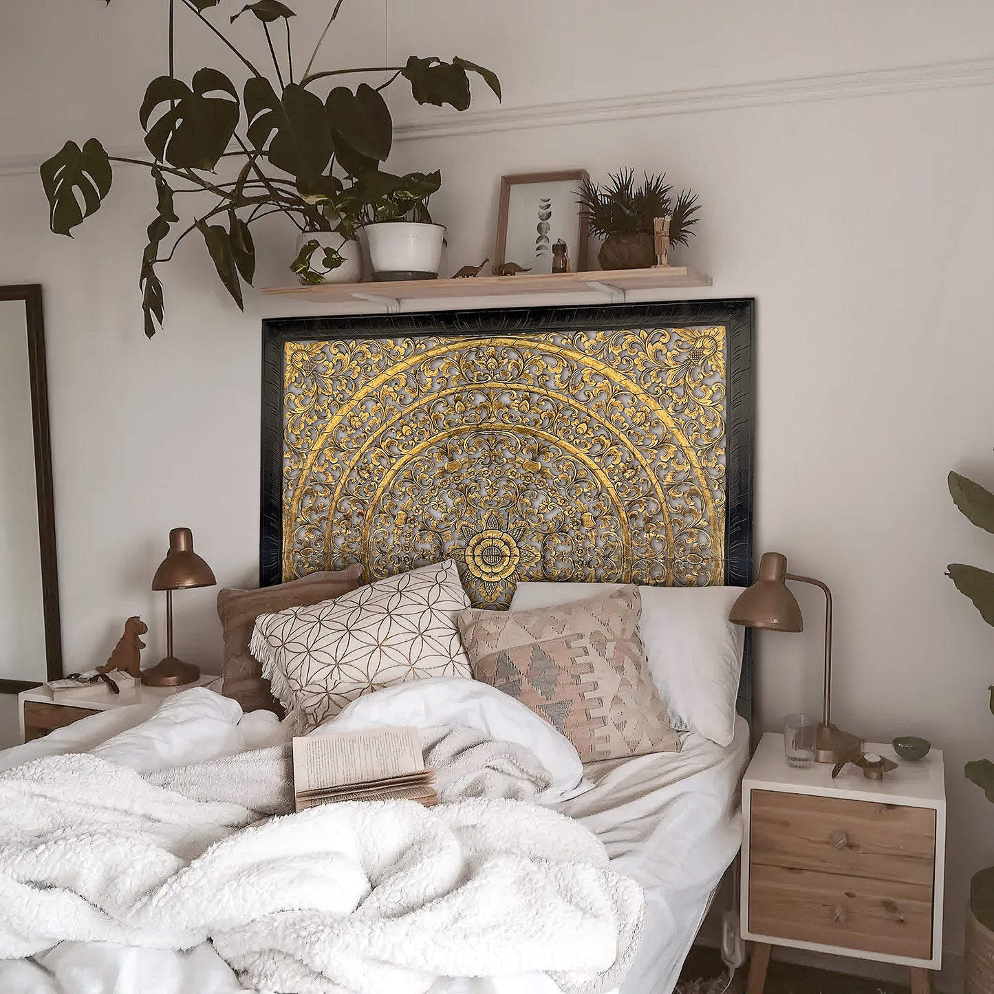 Carved Full Bed Headboard "Rampai" - Gold - USA