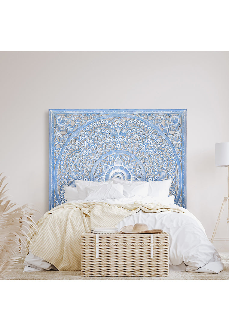 Carved Full Bed Headboard "Peony" - Blue Wash- USA
