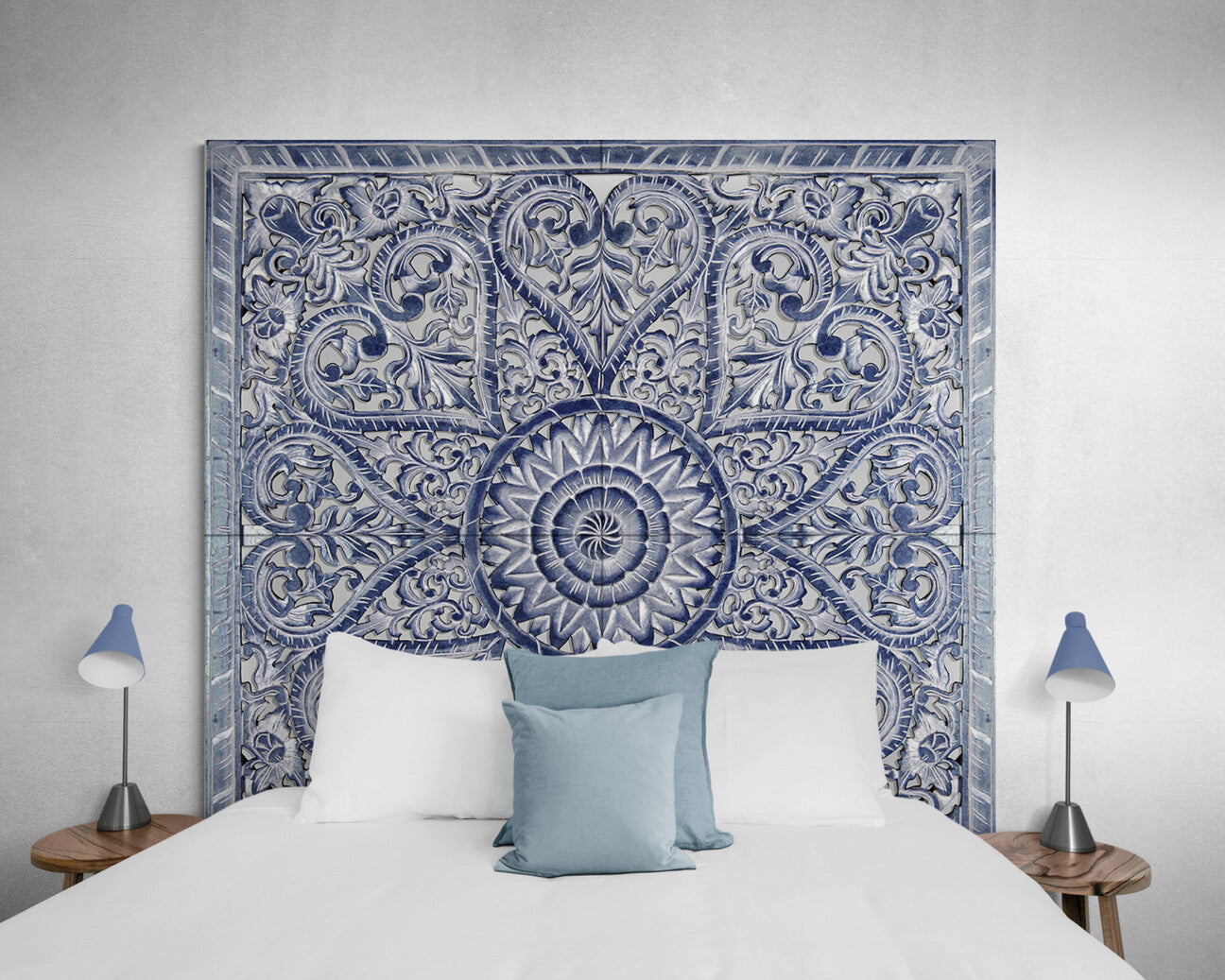 Carved Full Bed Headboard "Jantung" - Navy Blue Wash - USA
