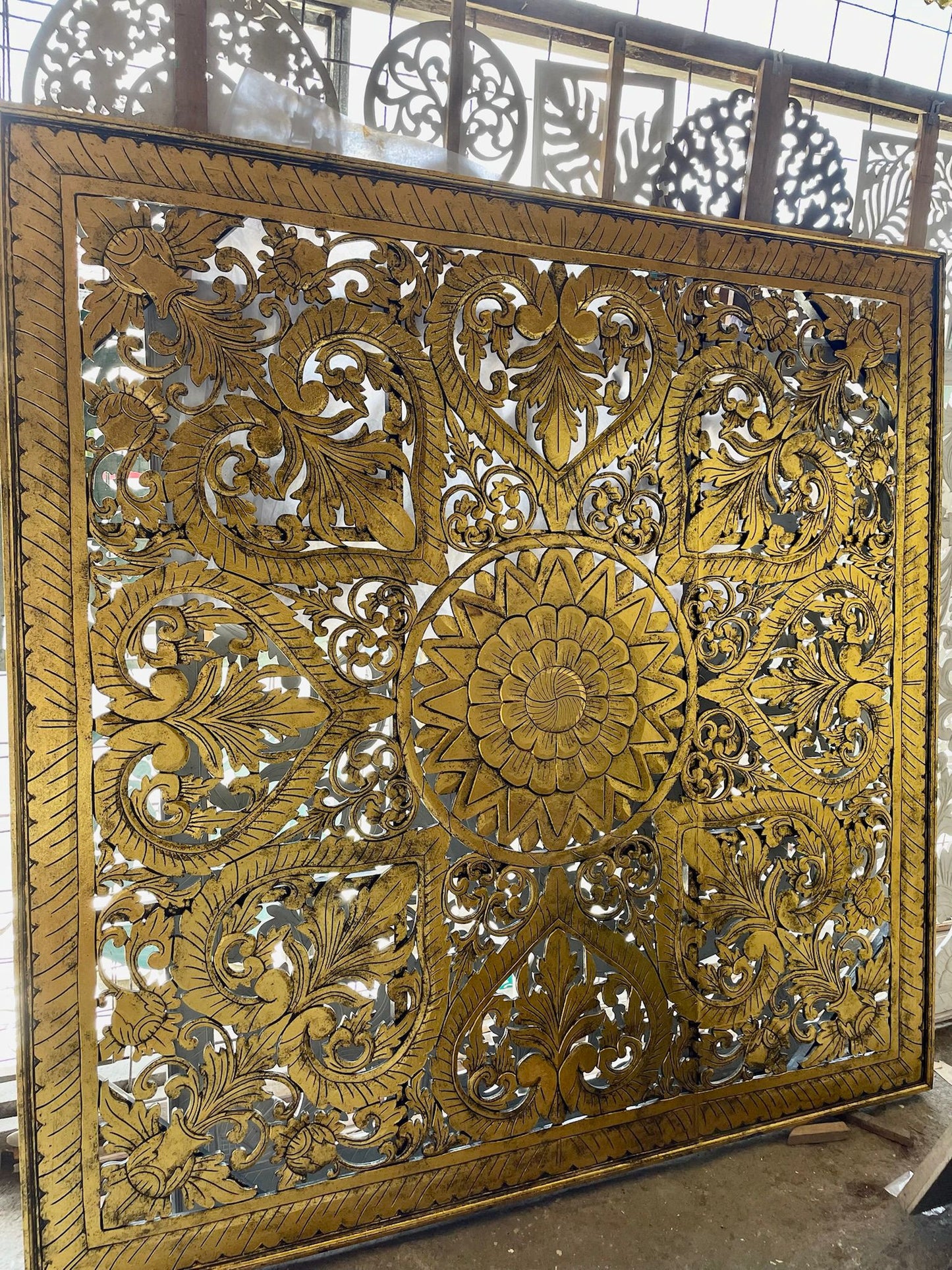 Carved Full Bed Headboard "Jantung" - Gold - USA