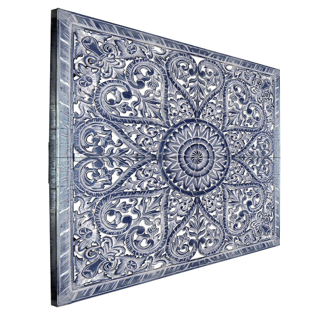 Carved Full Bed Headboard "Jantung" - Navy Blue Wash - USA
