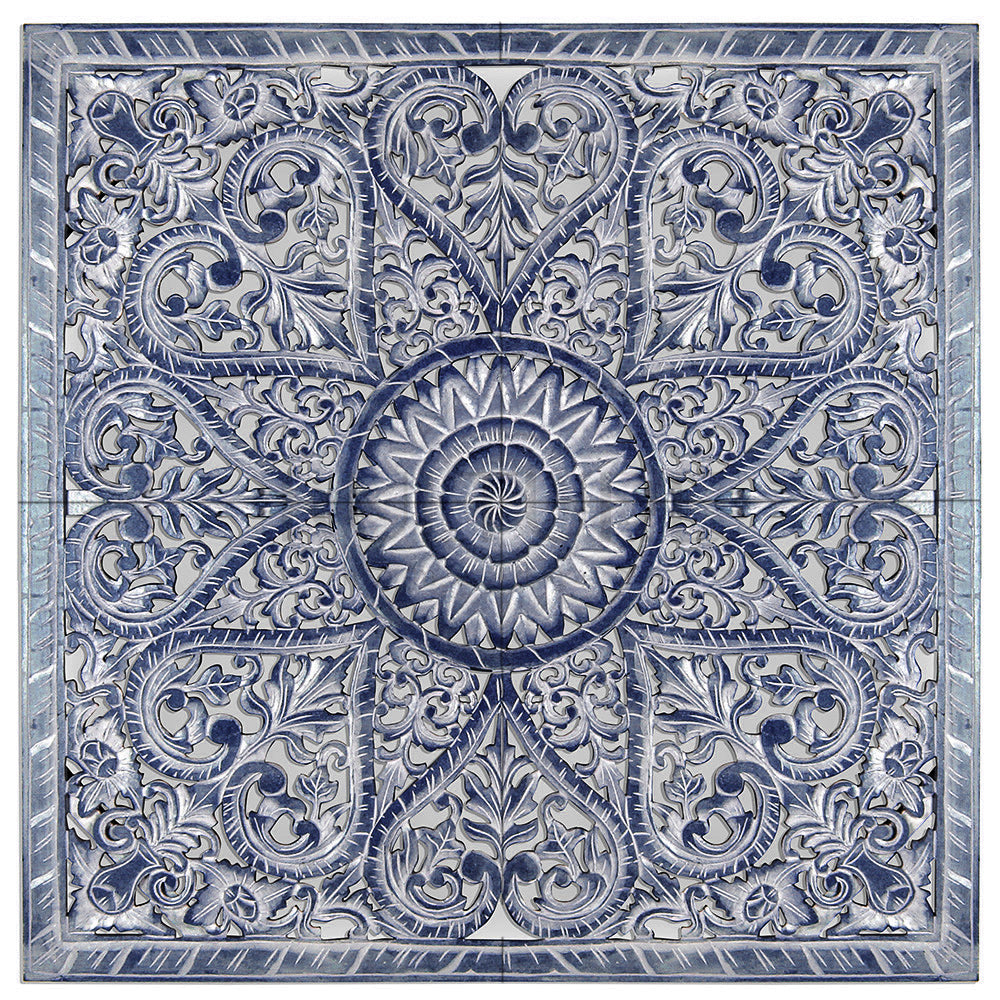 Carved Full Bed Headboard "Jantung" - Navy Blue Wash - USA