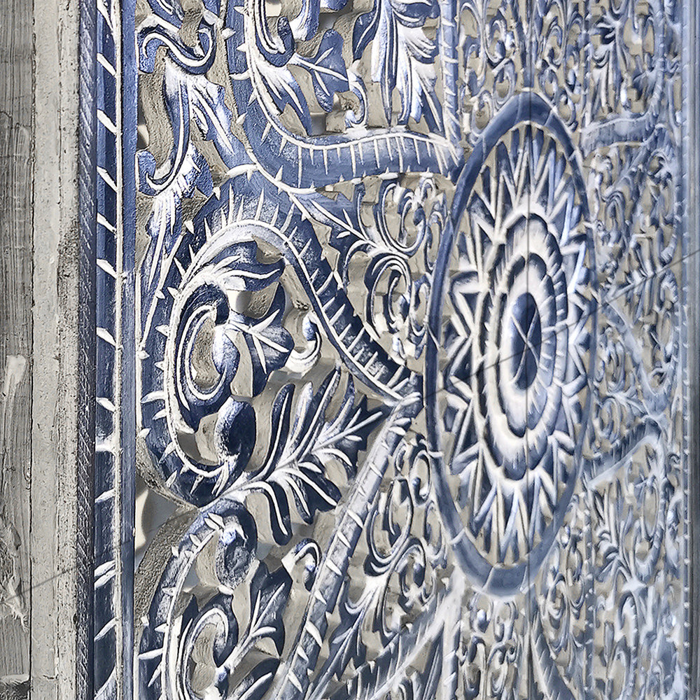 Carved Full Bed Headboard "Jantung" - Navy Blue Wash - USA