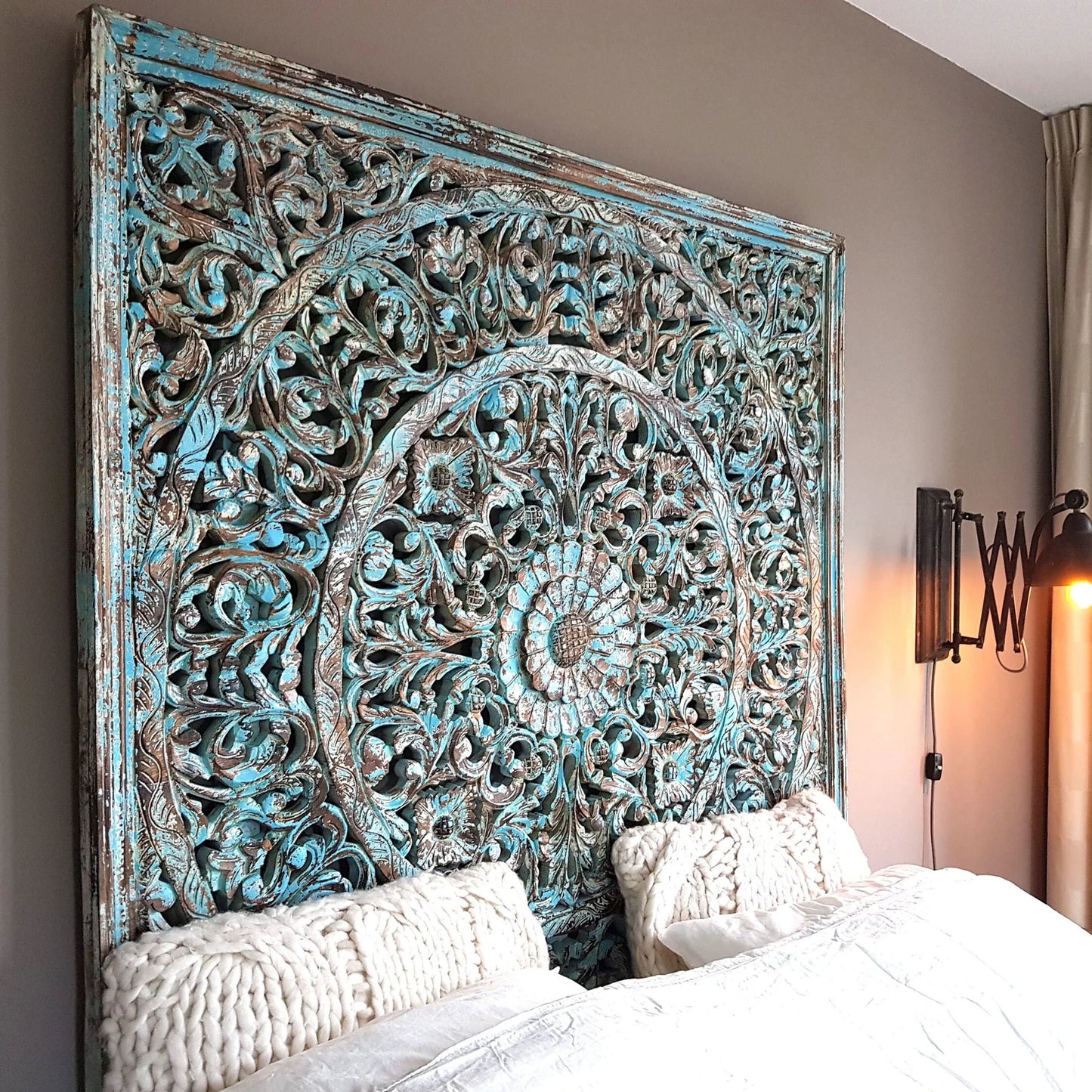 Carved Full Bed Headboard "Dahayu" - Blue Wash - USA