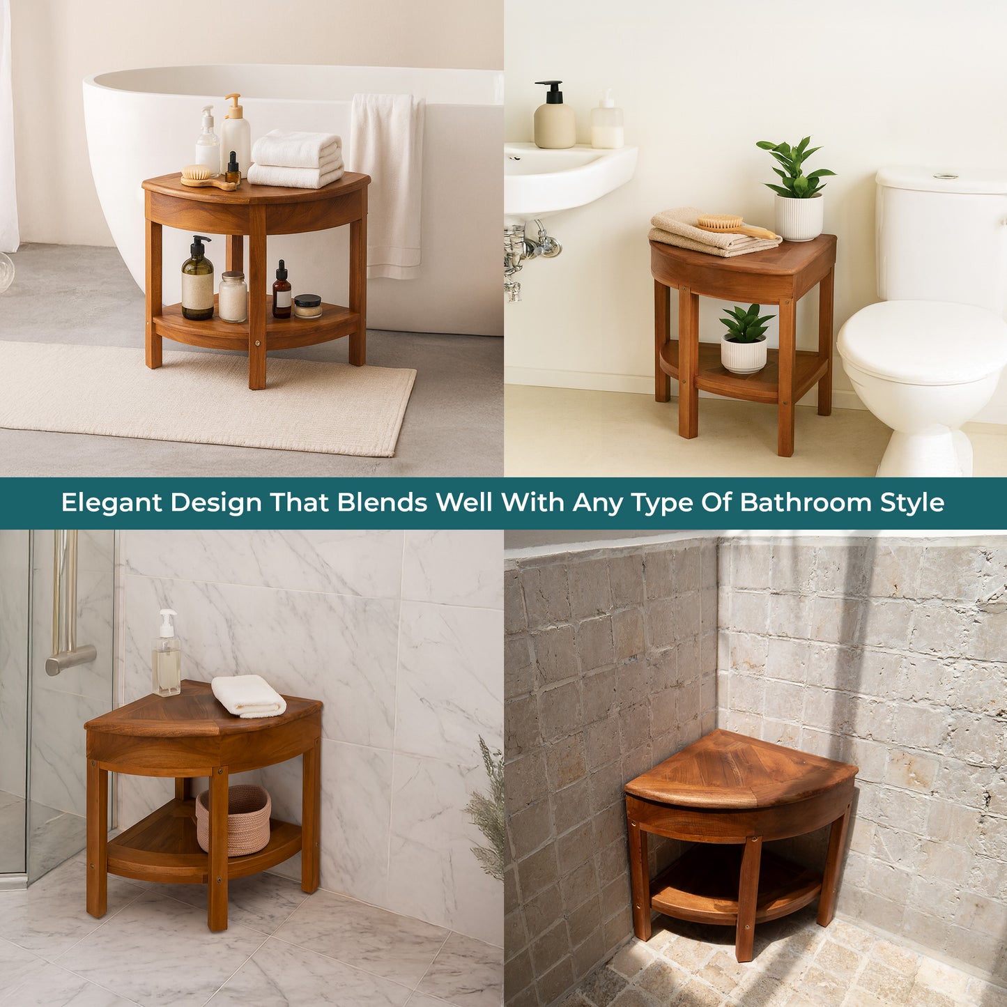 New Teak Shower Corner Bench [with Extra Waterproof Storage] 16 inch - US