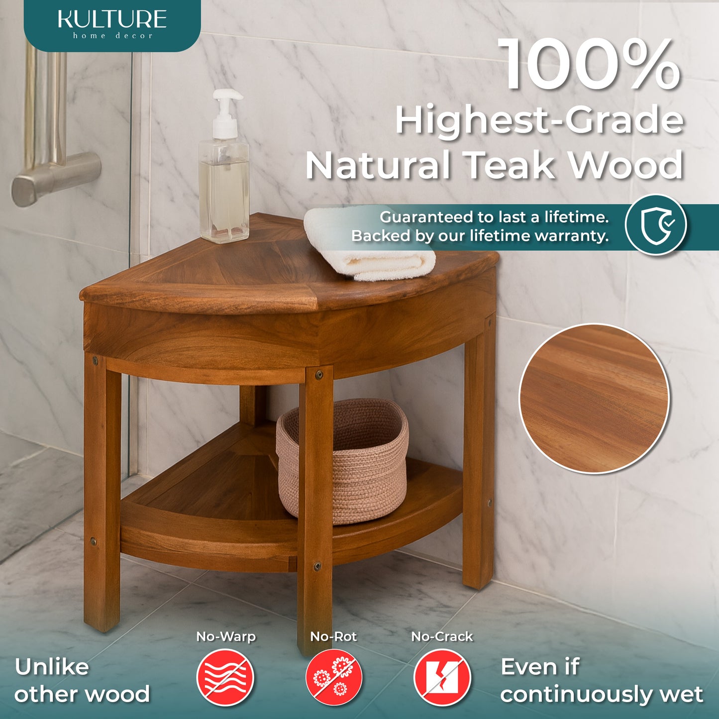 New Teak Shower Corner Bench [with Extra Waterproof Storage] 16 inch - US