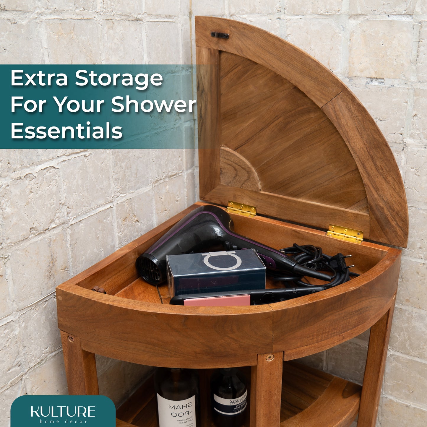 New Teak Shower Corner Bench [with Extra Waterproof Storage] 16 inch - US