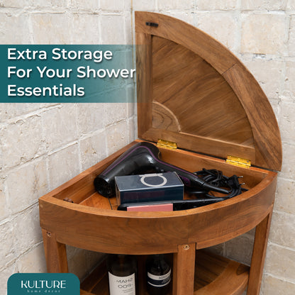 New Teak Shower Corner Bench [with Extra Waterproof Storage] 16 inch - US