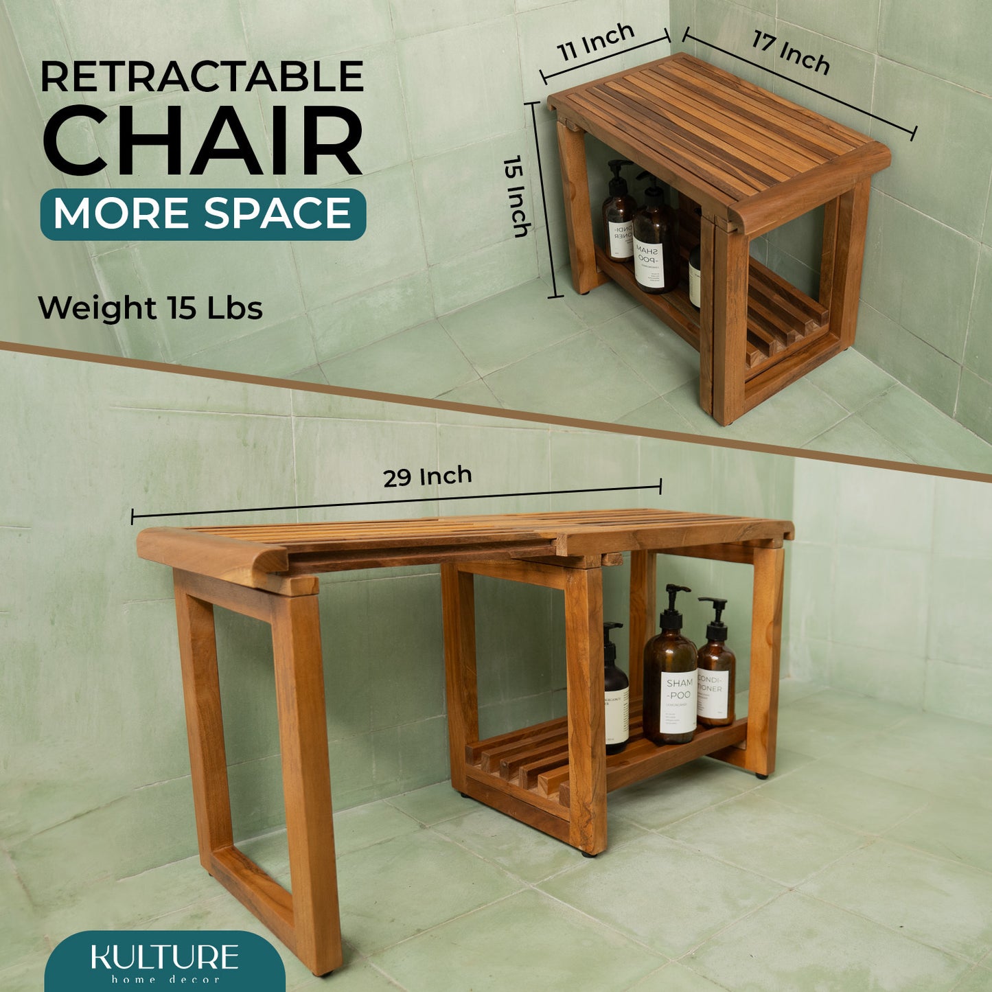 New Teak Shower Bench [Expandable from 17" to 30"]  - US