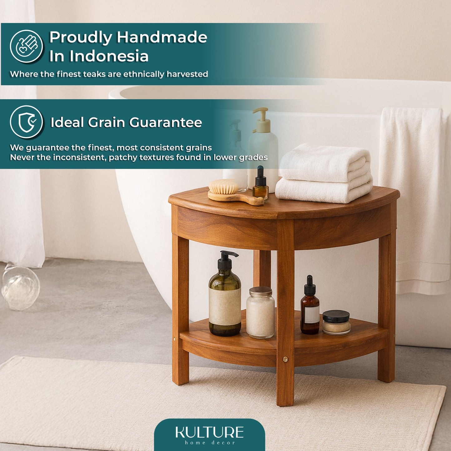 New Teak Shower Corner Bench [with Extra Waterproof Storage] 16 inch - US