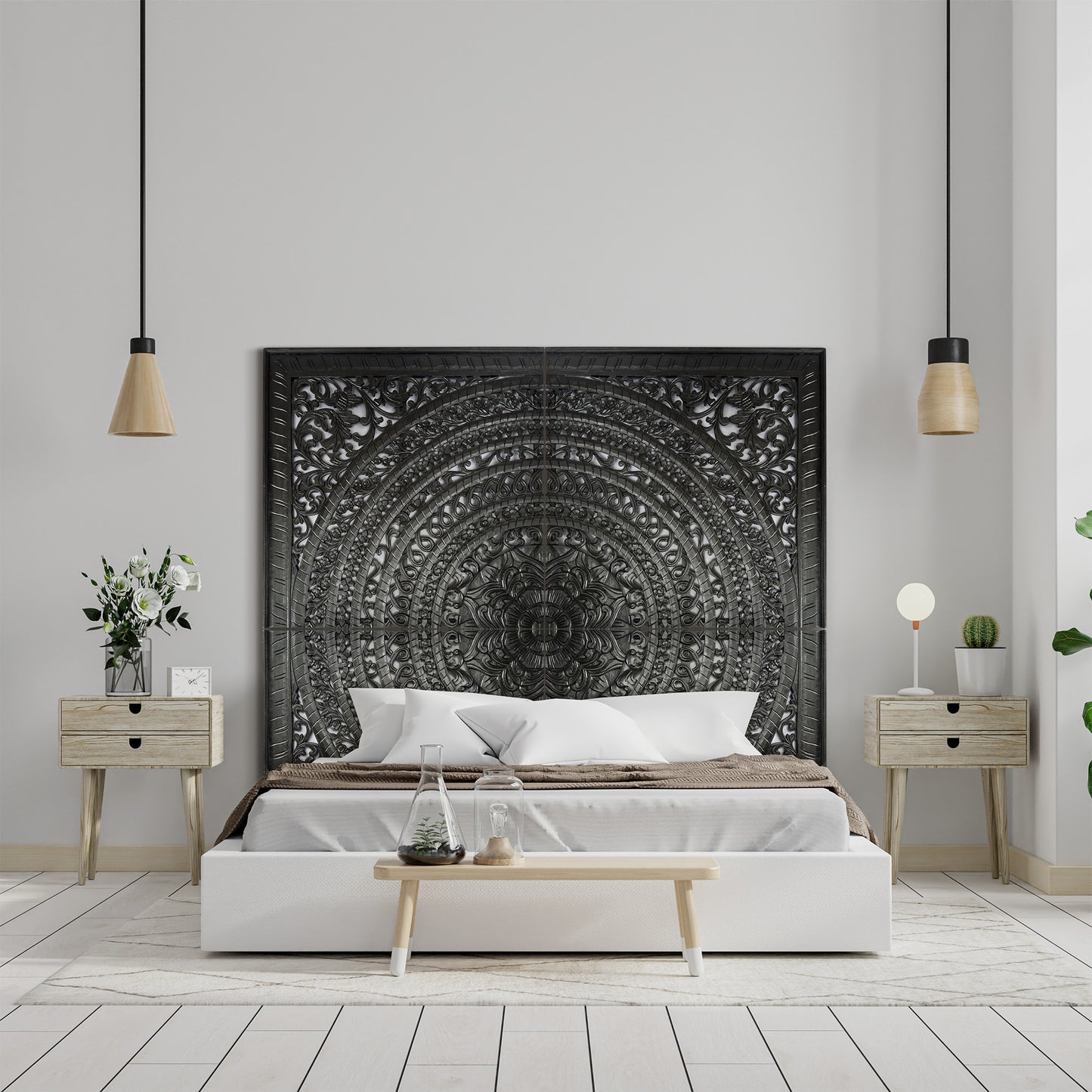 Carved Full  Bed Headboard "Kusuma" in Black - USA
