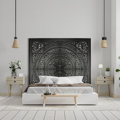 Carved Full  Bed Headboard "Kusuma" in Black - USA