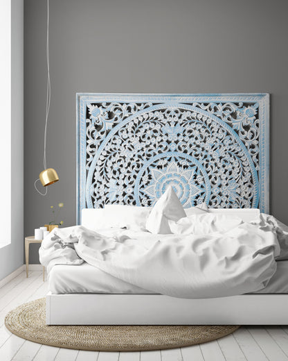 Carved Full Bed Headboard "Peony" - Blue Wash- USA