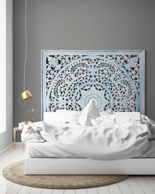 Carved Full Bed Headboard "Peony" - Blue Wash- USA