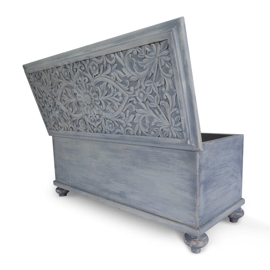 Custom Carved Wood Trunk "Cristina" - Light Grey with Antic Wash