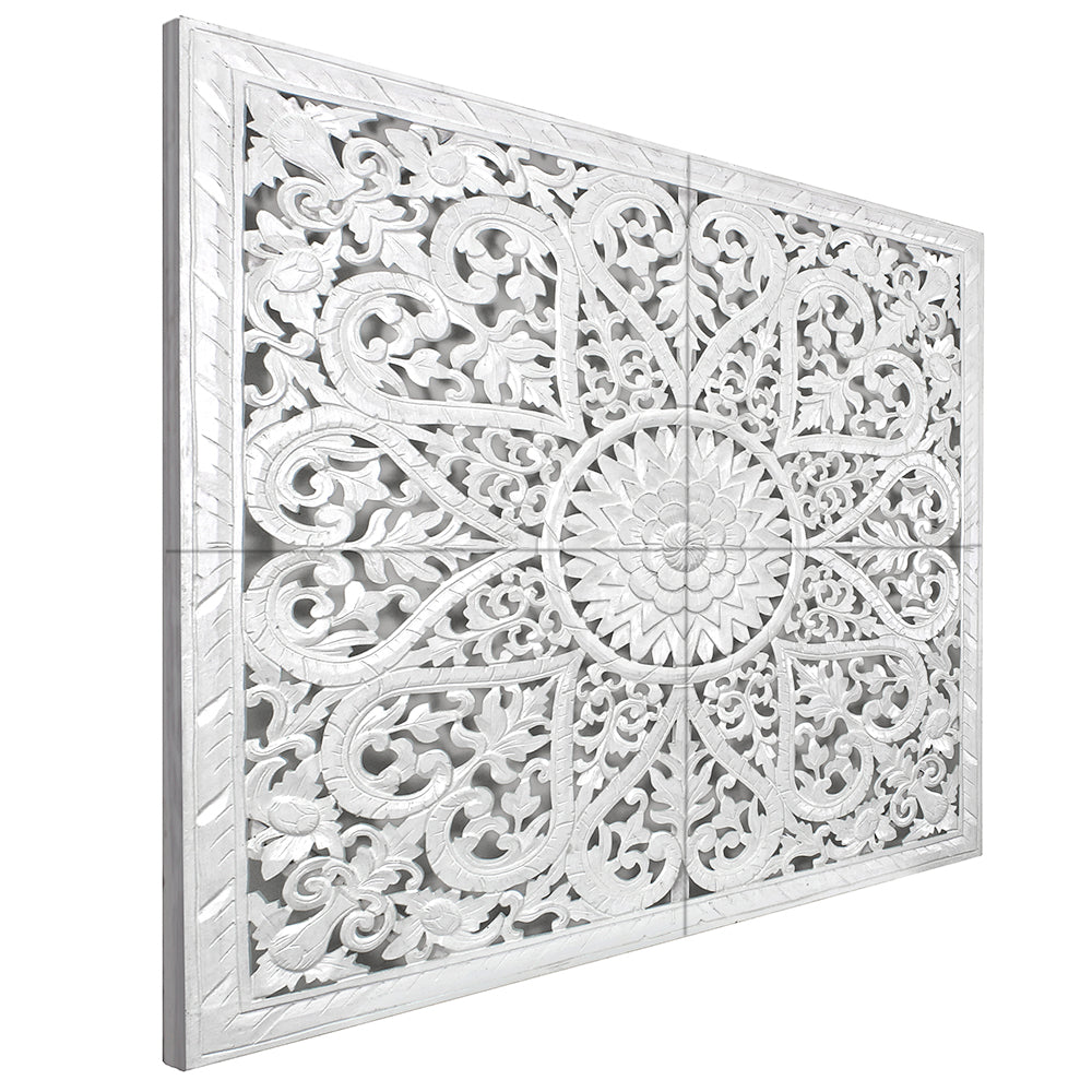 Carved Full Bed Headboard "Jantung" - White Wash - USA