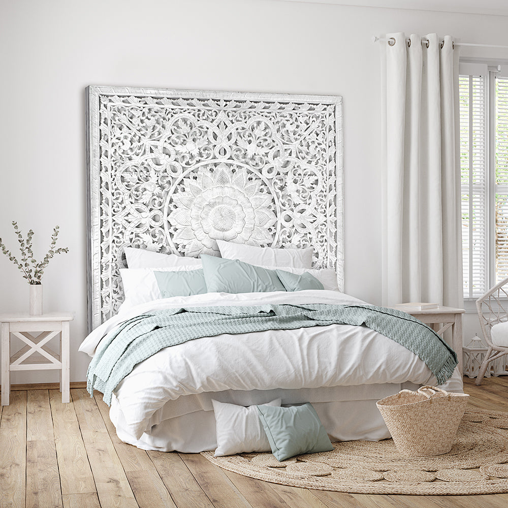 Carved Full Bed Headboard "Raflessia" - White - USA