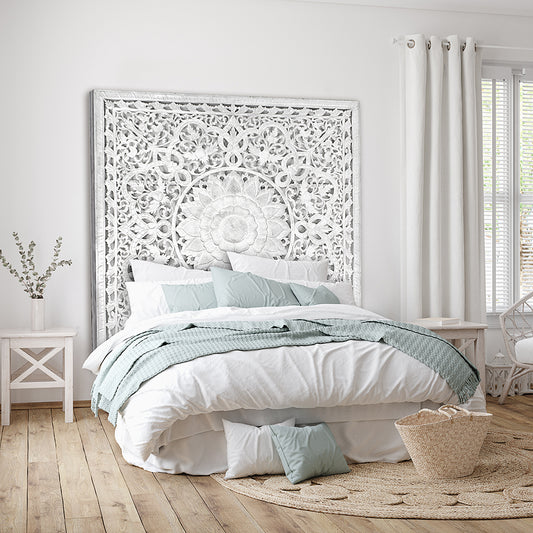 Carved Full Bed Headboard "Raflessia" - White - USA