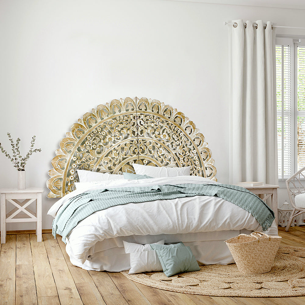 King Size Half-moon Mandala Bed headboard 'Semanggi' in Antic Wash - 72 inches