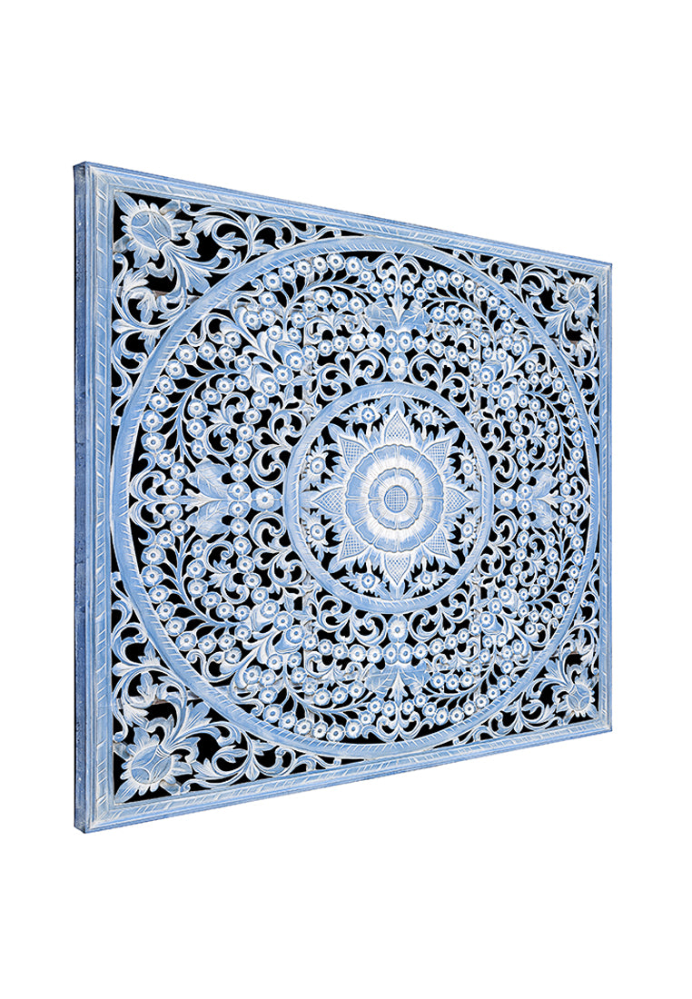 Carved Full Bed Headboard "Peony" - Blue Wash- USA