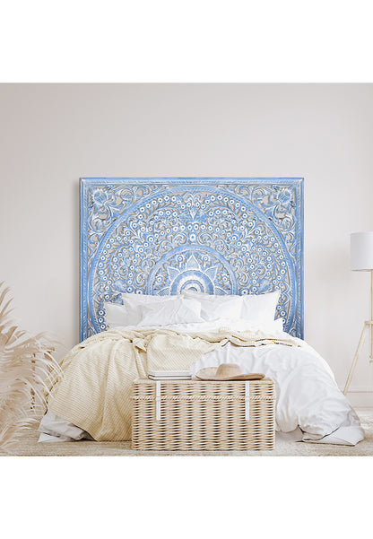Carved Full Bed Headboard "Peony" - Blue Wash- USA
