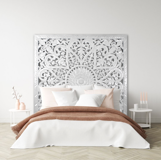 Carved Full Bed Headboard "Jantung" - White Wash - USA
