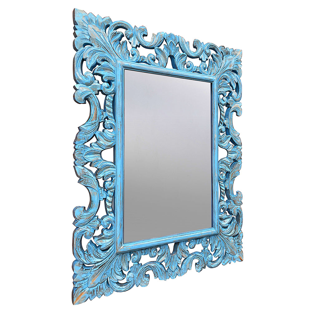 Hand Carved Mirror "Biru" Blue Wash - 90 cm