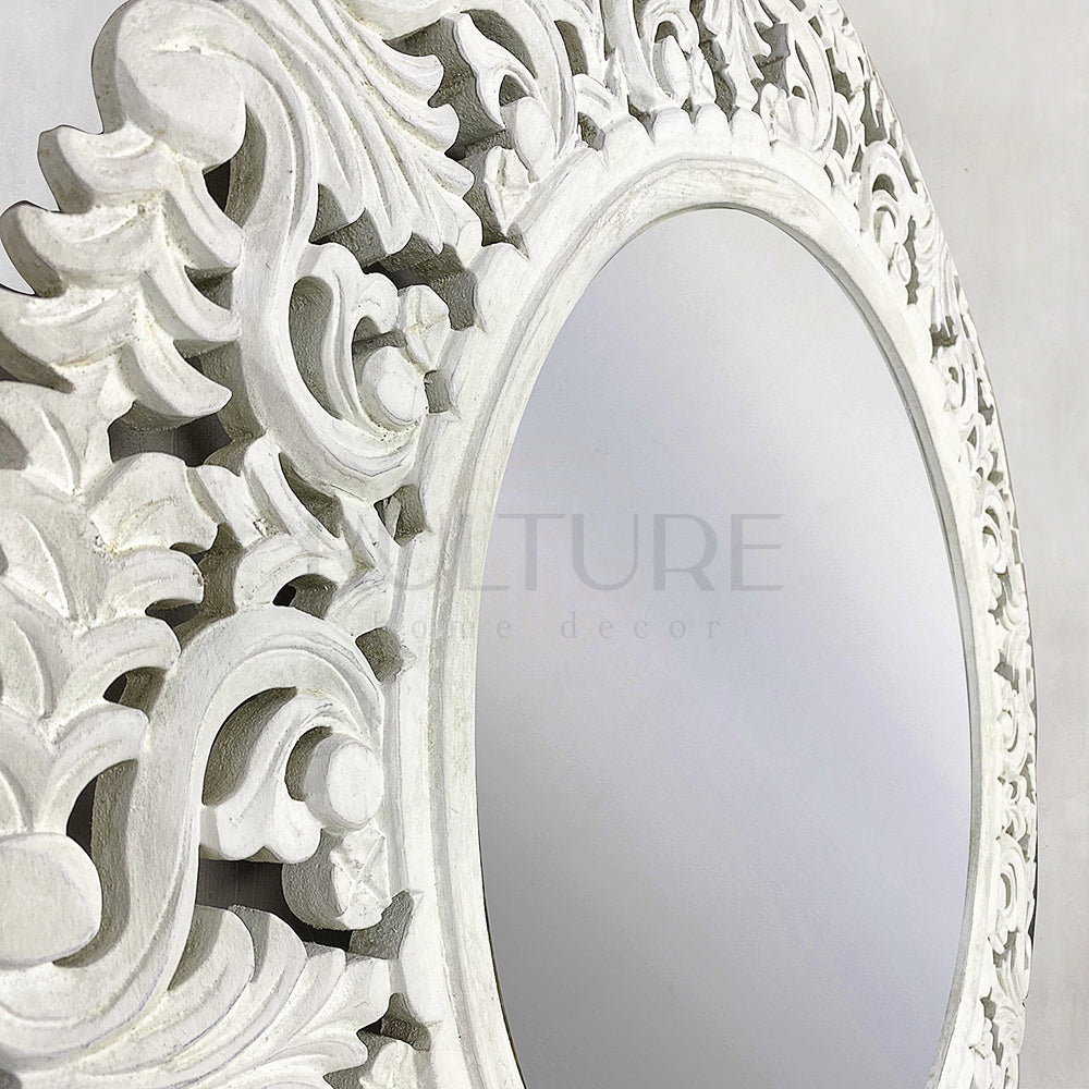 Hand Carved Mirror "Amed" White Wash - 70 cm